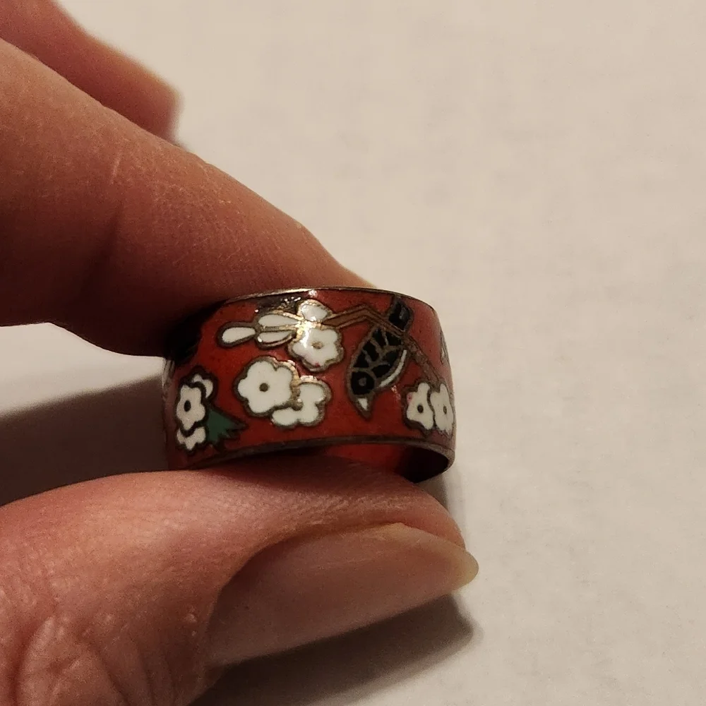 Cloisonne Enamel Ring, Red White Floral Cherry Blossom Bird, Sz 7, Japanese VTG